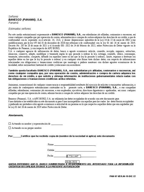 Carta De Autorización 2 De Apc Pdf Panamá Privacidad De La