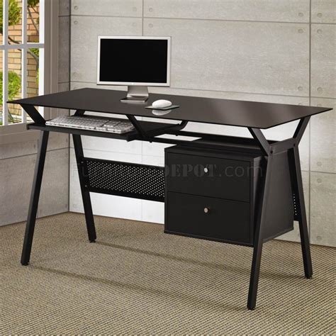 Fully equipped with spacious stacked drawers, this desk is ideal for storing supplies and files. Black Metal & Glass Modern Home Office Desk w/2 Storage Drawer