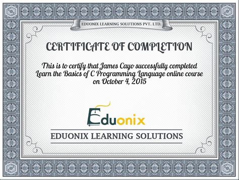 Completion Certificate For Learn The Basics Of C Programming Language