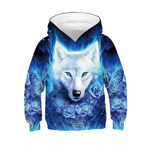 Kids Ice Fire Wolf Pullover Hoodie Children Casual Sportswear