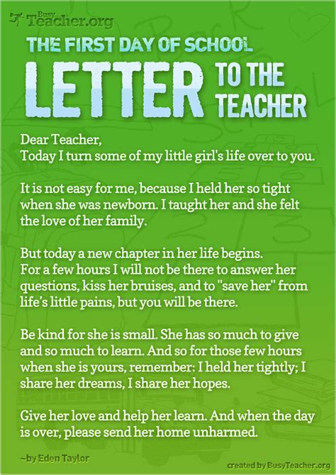 The First Day Of School — Letter To The Teacher Poster
