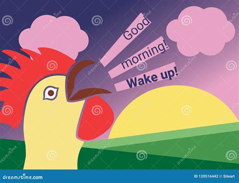 Rooster Crows Good Morning Wake Up At Sunrise Stock Vector