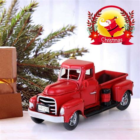 Christmas Vintage Red Truck Decor Metal Pickup Truck Decor With