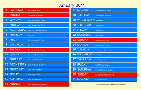 January 2011 Roman Catholic Saints Calendar