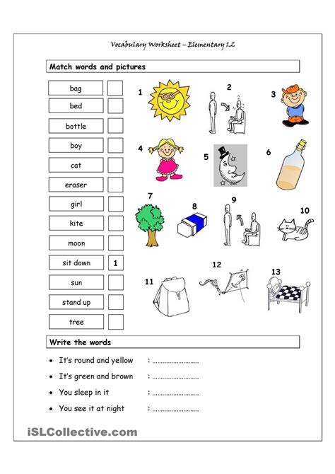 Vocabulary Matching Worksheet Elementary 12 Elementary Worksheets