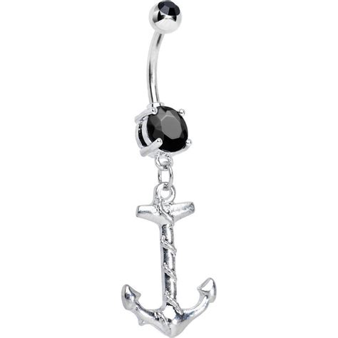 Black Gem Nautical Anchor Dangle Belly Ring Dangle Belly Rings Belly