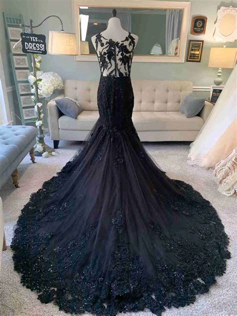 Custom Trumpet Black Wedding Dress With Illusion Back