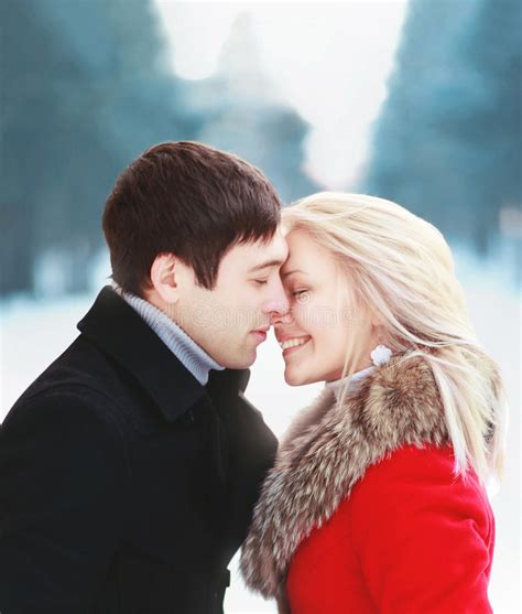 Beautiful Happy Sensual Couple In Love In Cold Sunny Winter Day Stock