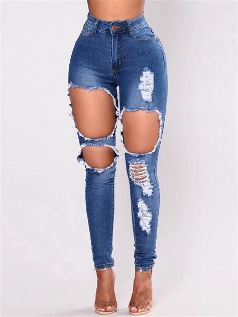 Wipalo Womens Casual High Waisted Skinny Destroyed Ripped Hole Jeans Sexy Women Denim Jeans Slim