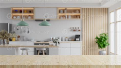 Wooden Table Top On Blur Kitchen Room Backgroundmodern Kitchen Room
