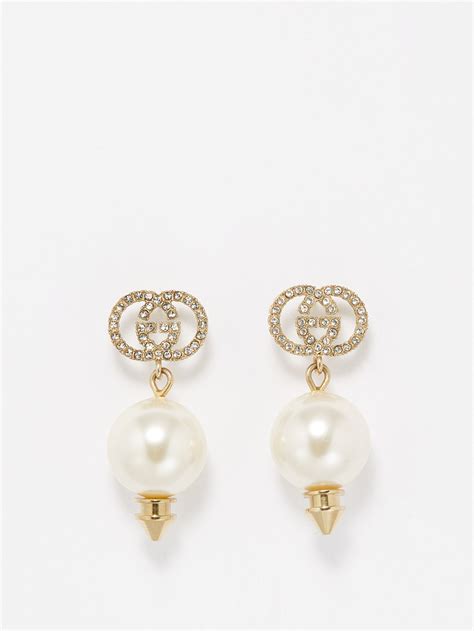 White Interlocking G Crystal Embellished Earrings Gucci