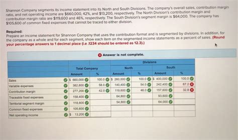 Solved Shannon Company Segments Its Income Statement Into