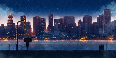 Anime 4800x2400 Anime City Building Women Umbrella Night Painting