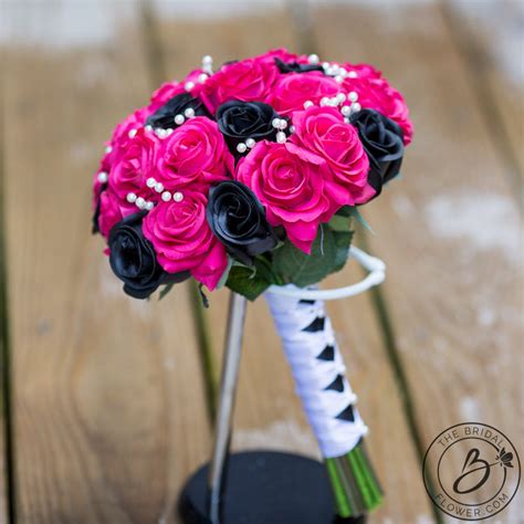 Fuchsia Pink And Black Bouquet With Pearls The Bridal Flower Silk