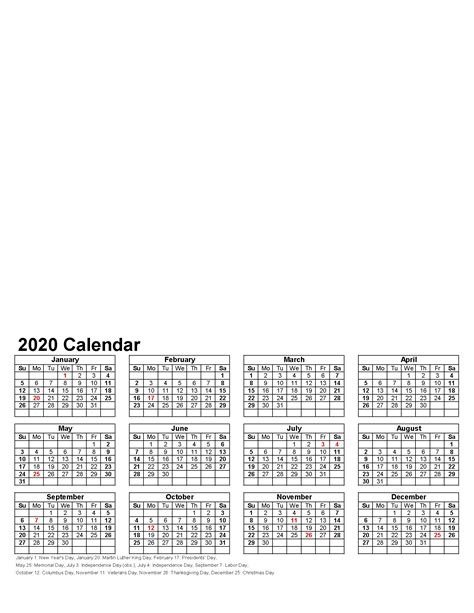 Printable 12 Month Calendar On One Page 2020 Yearly Calendar With Holidays