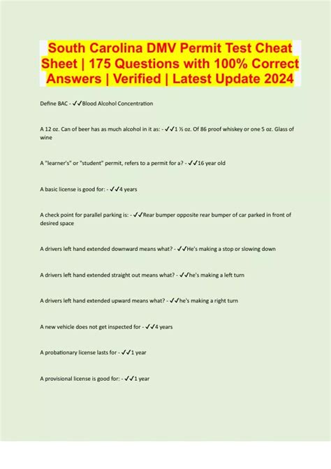 South Carolina Dmv Permit Test Cheat Sheet 175 Questions With 100