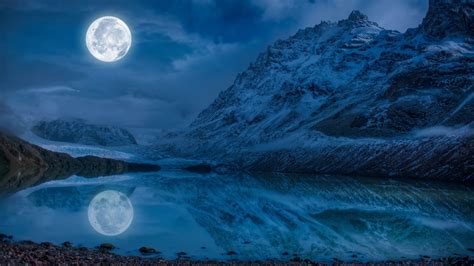 Pictures Nature Mountains Moon Lake Reflected Landscape