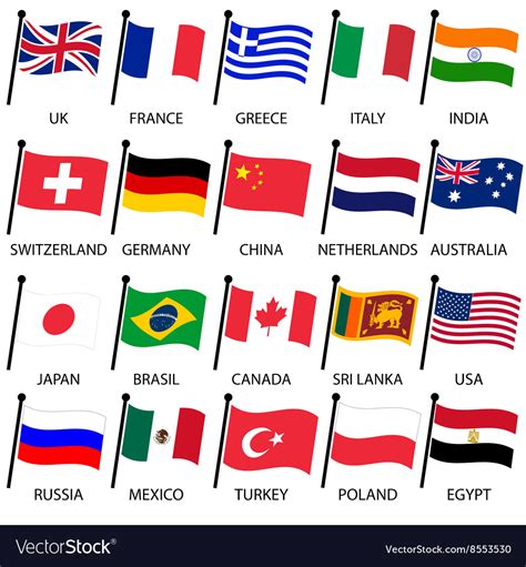Simple Color Curved Flags Different Country Vector Image
