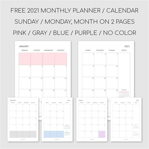 Printable 2021 Monthly Planner Calendar Month On 2 Pages