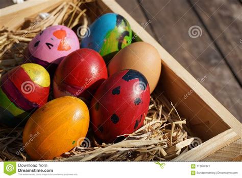 Colorful Fancy Easter Eggs In Wooden Box Stock Image Image Of Draw