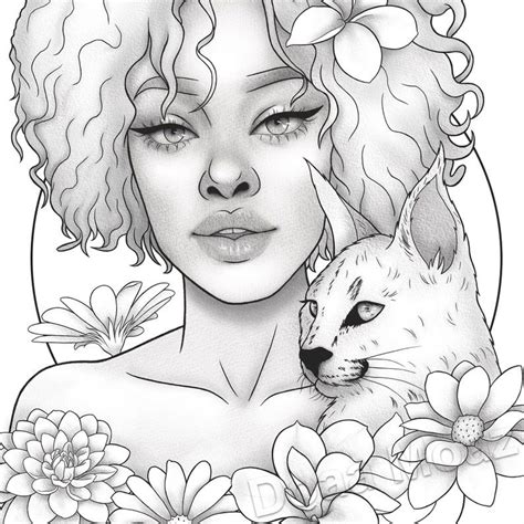 Printable Coloring Page Black Girl Floral Animal Portrait Etsy People