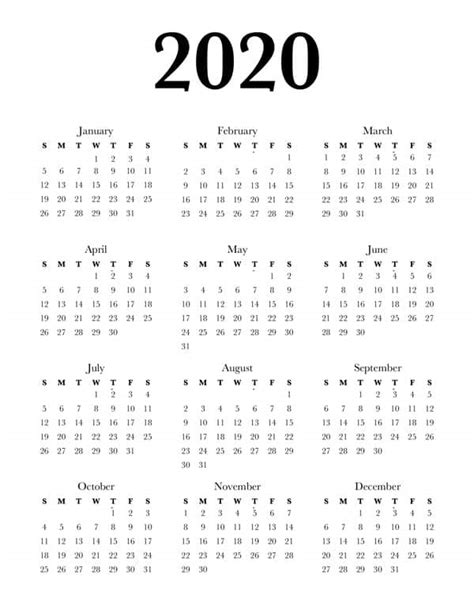 2020 Yearly Calendar Printable One Page