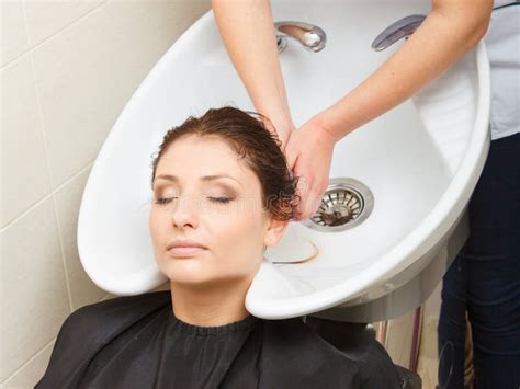 Hairdresser Washing Her Woman Customer Hair Stock Image Image Of