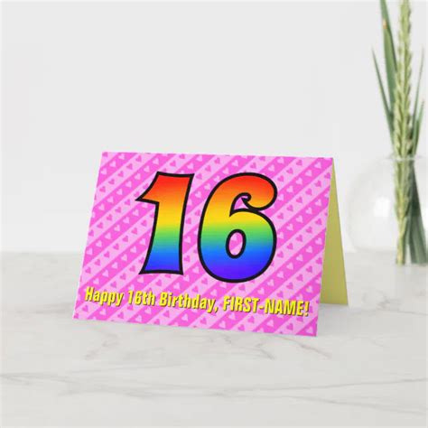 Fun Pink Stripes Hearts Rainbow 16th Birthday Card Zazzle