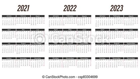2021 2022 2023 Calendar Week Monday Vector Illustration Flat