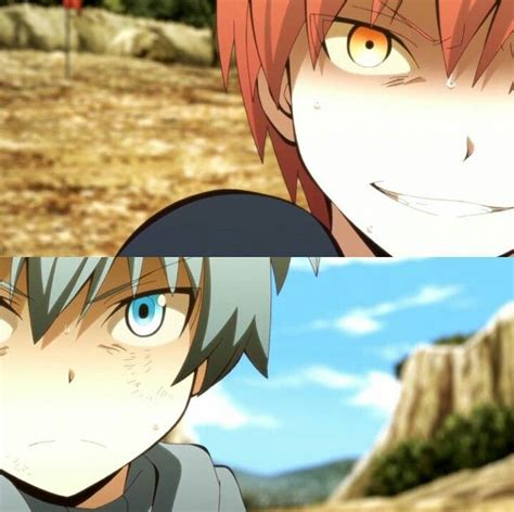 Two Anime Characters One With Red Hair And The Other With Blue Eyes Looking At Something