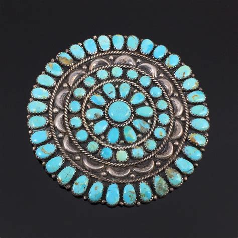 LARGE NAVAJO HANDMADE STERLING SILVER TURQUOISE CLUSTER PIN BROOCH