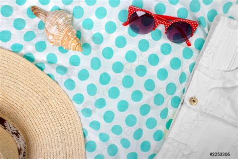 Straw Beach Womans Hat Sun Glasses Top View Seashell Shorts Stock Photo Crushpixel