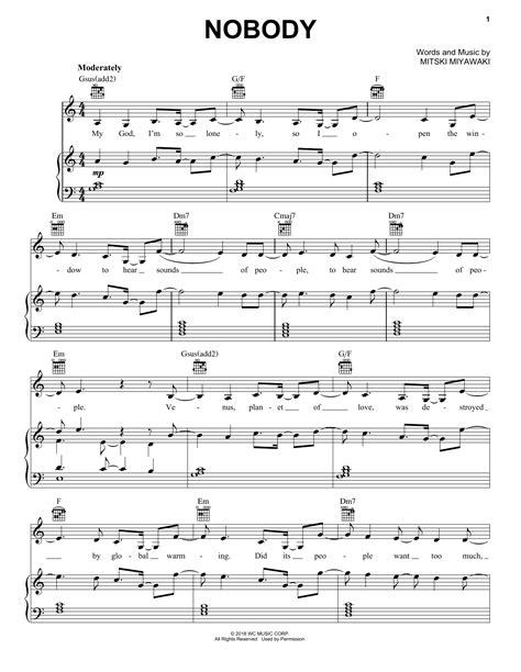 Nobody Sheet Music Mitski Piano Vocal And Guitar Chords Right Hand