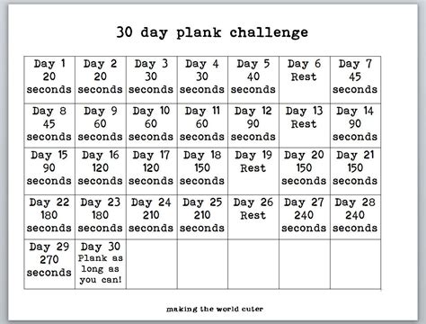 Day Plank Challenge For Beginners Printable Printable Word Searches