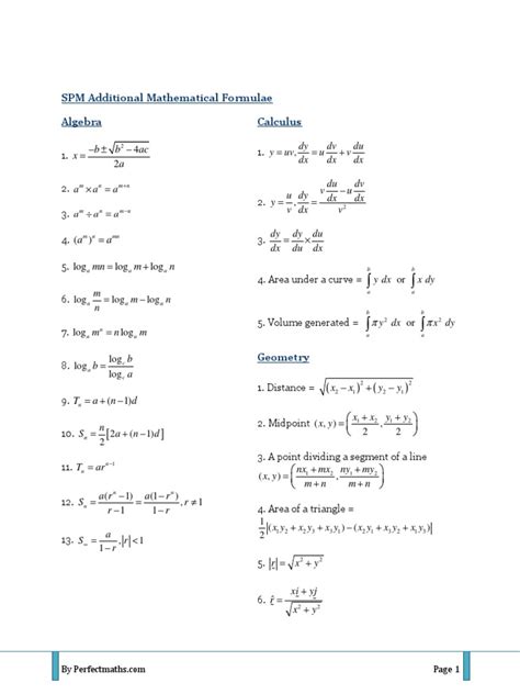 Spm Additional Mathematical Formulae Pdf