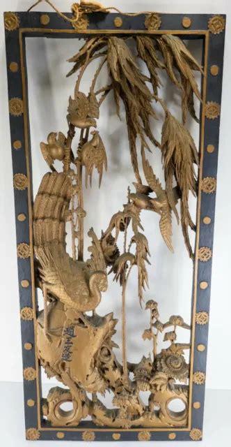 Massive Antique Chinese Carved Gilt Wood Bird Landscape Wall Panel