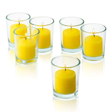 Clear Glass Round Votive Candle Holders With Citronella Yellow Votive Candles Burn 10 Hours Set