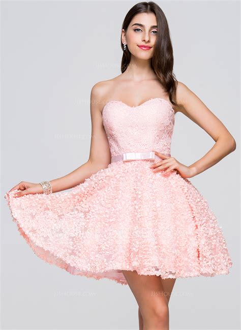 A Line Princess Sweetheart Short Mini Lace Homecoming Dress With Bow S