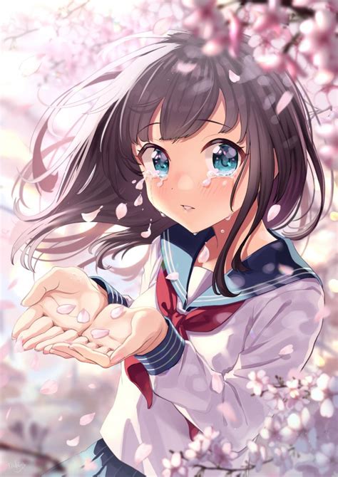 Wallpaper Anime Girl Crying Tears Sakura Blossom Loli School