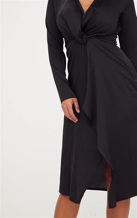 Black Satin Long Sleeve Wrap Midi Dress Prettylittlething Ie