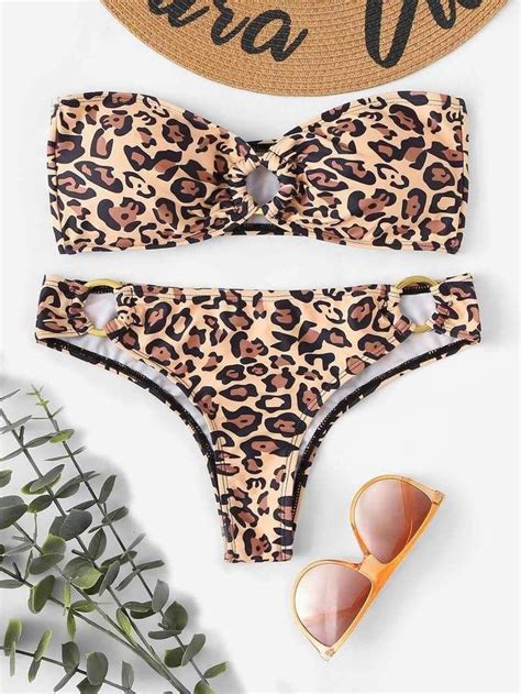 random leopard ring detail bandeau bikini set