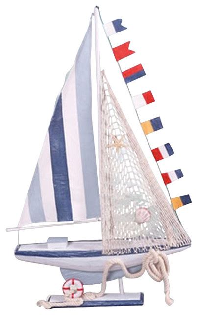 Distressed Wood Sailboat Model On Stand Beach Style Decorative