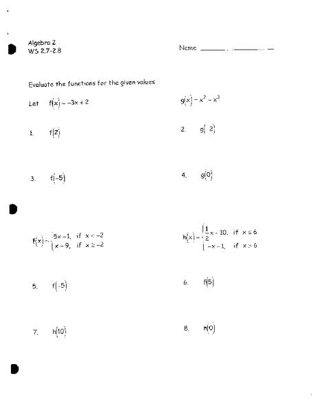 Evaluating Functions Worksheet For 11th Grade Lesson Planet