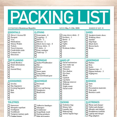 Modern Bright Aqua Printable Packing List 85x11 Editable Pdf