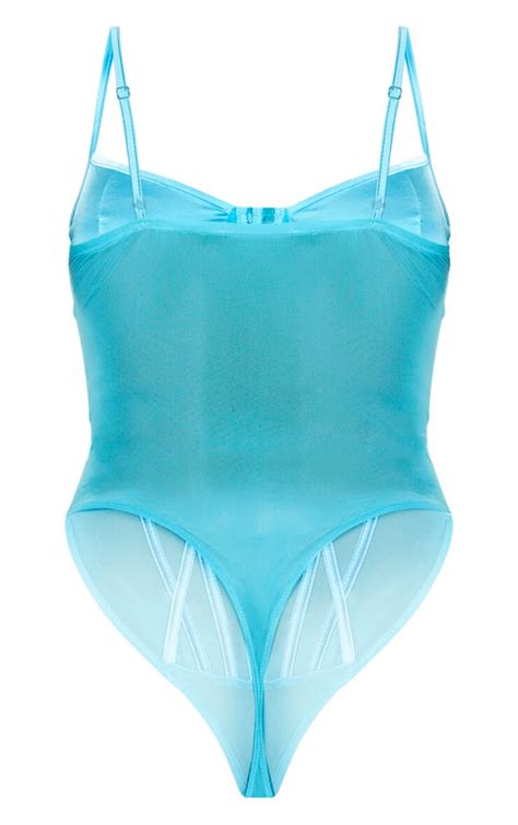 Shape Aqua Satin Mesh Bodysuit Curve Prettylittlething Usa