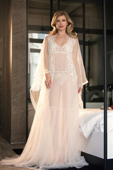 See Through Set With Lace Decorated Robe And Nightgown