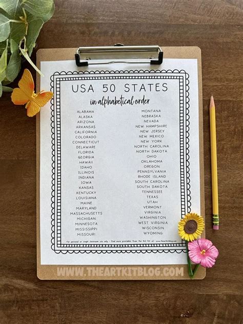 Usa 50 States Alphabetical Order Free Printable The Art Kit