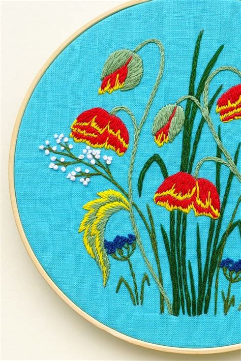 Floral Meadow Embroidery Pattern Video Tutorial Summer Red Poppies
