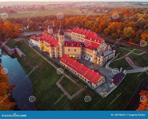 Aerial Photo Nesvizh Castle In Autumn Evening Belarus Minsk Stock