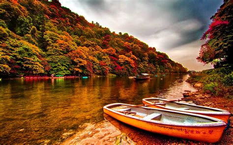 Summer Landscape River Boats Calm Lake Forest With Deciduous Trees Sky